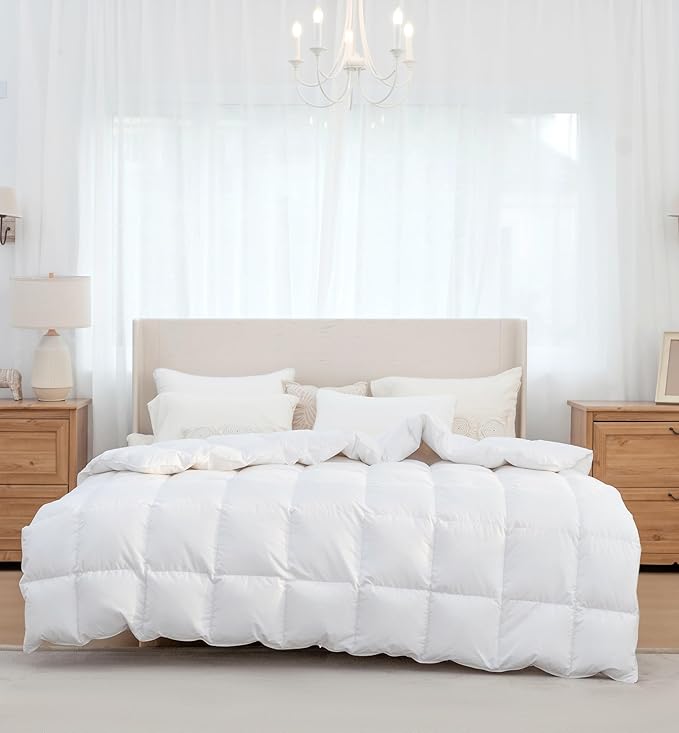 All Season 100% Cotton Down ComforterCalifornia King Size,High Fill Power White Down Fluffy Hotel Style Duvet Insert, Noiseless Eco-Friendly, 8 Corner Tabs, Machine Washable,(104×96，67oz)