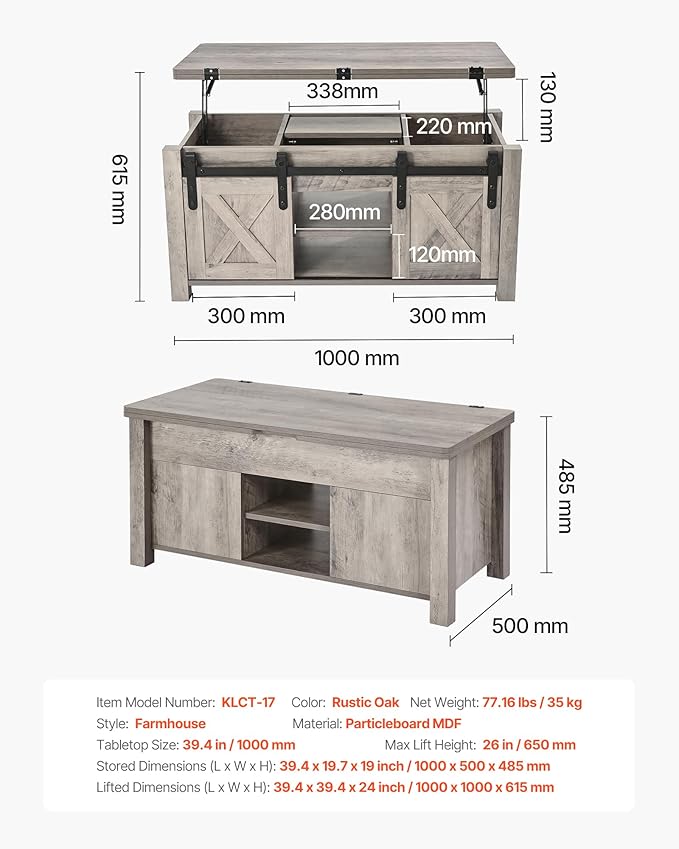 VEVOR 39.4 in Farmhouse Lift Top Coffee Table, Rustic Center Table with Barn Door and Hidden Storage Compartment, Modern Rectangle Lifting Tabletop for Living Room, Office, Home, Easy Assembly, Oak