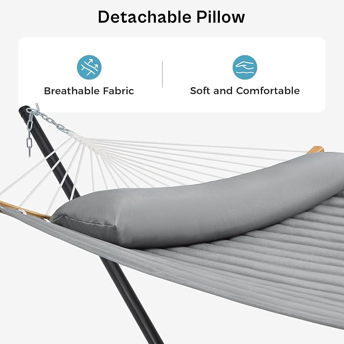 SUPERJARE Hammock with Stand, 2 Person Heavy Duty Hammock Frame, Detachable Pillow & Strong Curved-Bar & Portable Carrying Bag, Perfect for Outdoor & Indoor - Gray - Image 4
