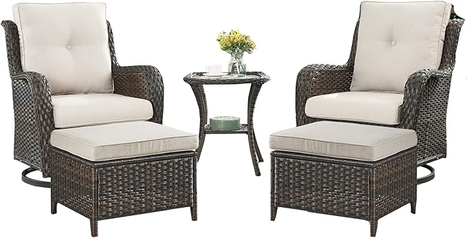 Rilyson Wicker Patio Furniture Set - 5 Piece Rattan Outdoor Sectional Conversation Sets with 2 Swivel Rocking Chairs,2 Ottomans and 1 Side Table for Porch Deck Garden(Brown/Beige)
