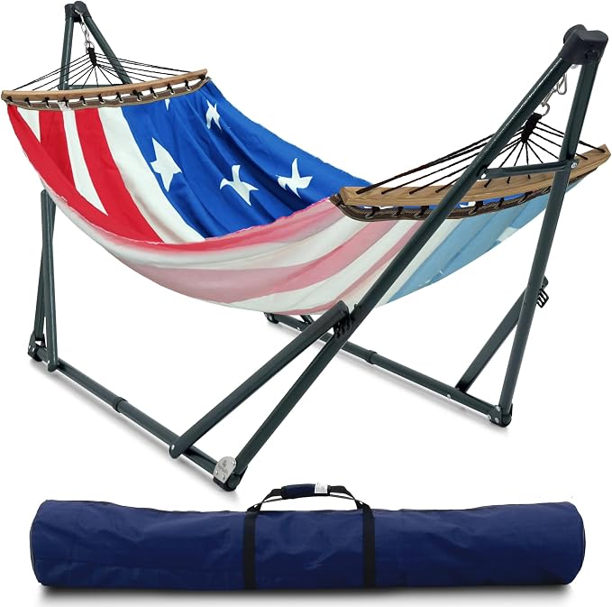 Tranquillo Sturdy Steel Hammock with Stand Premium Cotton Canvas Hammock, 600 lbs Capacity Hammock Stand Folding, Portable 30-Second Fold Unfold, for Camping, American Flag by Tranquillo
