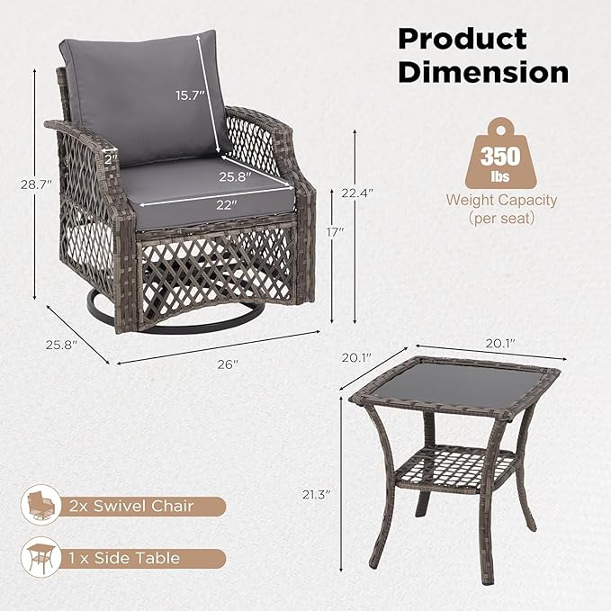 HOMREST 3 Piece Outdoor Swivel Chair Set, Wicker Patio Bistro Set with Thickened 25D Cushions and Glass Coffee Table, Patio Furniture Conversation Set for Deck, Yard, Garden, Poolside Gray