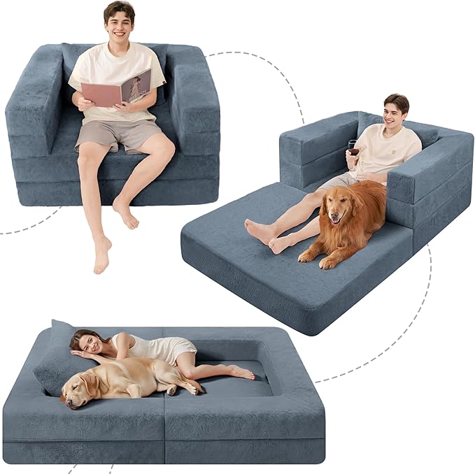 Futon Sofa Bed with Pillow, 3-in-1 Sleeper Sofa Bed with Removable Cover, Convertible Floor Sofa Bed, No Assembly Boneless Couch for Living Room, Bedroom