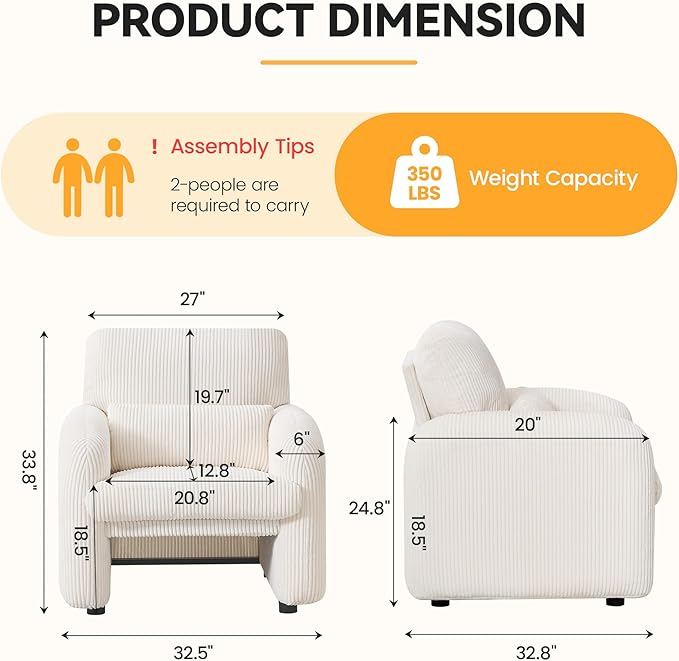 Modern Accent Chairs Set of 2, Comfy Upholstered Corduroy Armchair, Stylish Lounge Reading Chair for Living Room, Bedroom, Beige