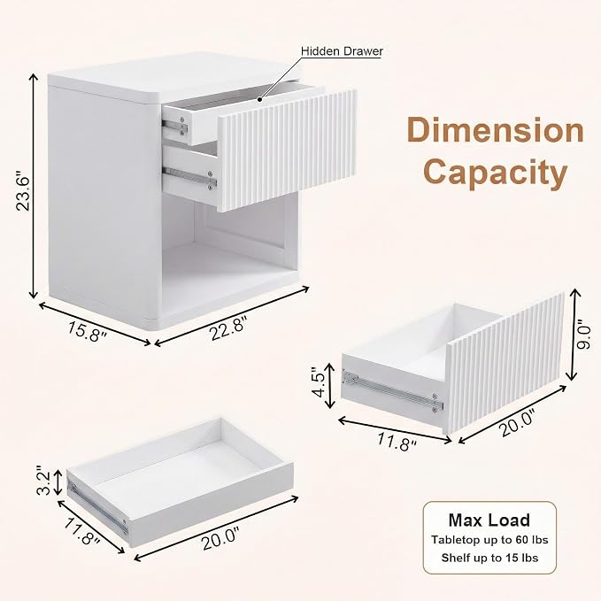 XIAO WEI 22.8" Wide White Fluted Nightstands with Hidden Drawer, Modern Bedside Table with Open Shelf, Large White Accent End Table, Curved Safety Profile Design - Image 2