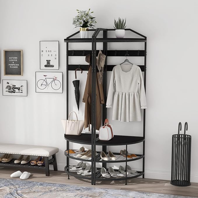 GiftGo Corner Hall Tree with Shoe Bench Entryway Coat Rack with 10 Metal Movable Hooks Freestanding Clothes Rack Shoes Shelf Organizer for Home Office Bedroom (Black) - Image 4