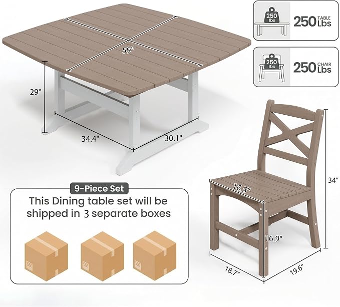 Outdoor Dining Set, HDPE 9-Piece Patio Table and Chairs Set, All-Weather Outdoor Dining Table Set for 8 with Umbrella Hole, Durable Patio Furniture Set with Chairs,White Brown - Image 3