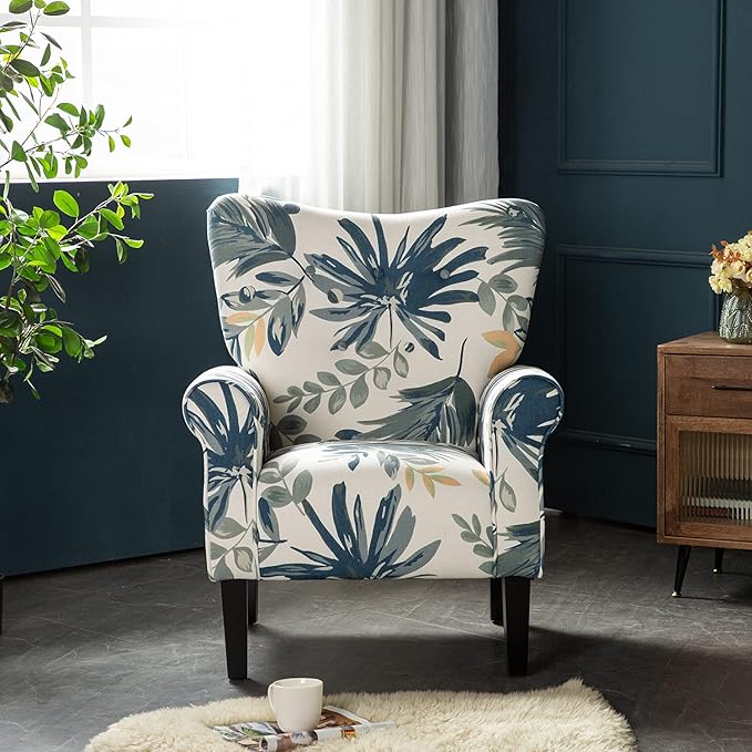 YOLENY Modern Accent Chair,High Back Armchair,Upholstered Fabric Button Single Sofa with Wooden Legs for Living Room,Bedroom,Blue Leaves