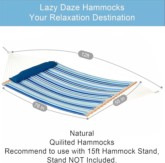 Lazy Daze Hammocks 12 FT Quilted Fabric Double Hammock with Spreader Bars and Detachable Pillow, 450lbs Weight Capacity - Image 3