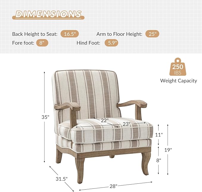 HULALA HOME Upholstered Accent Chair, Mid-Century Modern Striped Chair with Graceful Curves and Wooden Legs, Comfy Lounge Armchair Striped Accent Chairs for Living Room, Bedroom (TAN)