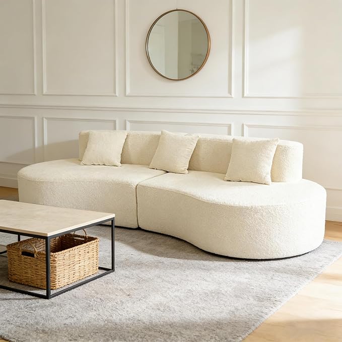 Modern Curved Sectional Sofa Couch 95" Beige - Cloud Fleece Upholstered 4-Seater Modular Boneless Couches for Living Room, Office, Apartment