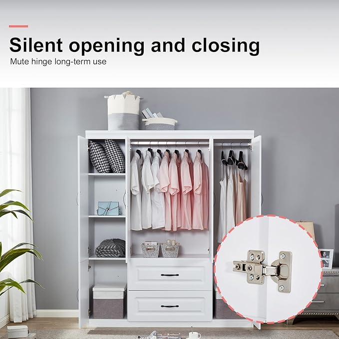 Wooden Armoire Wardrobe Closet White Large Capacity Storage Tall Clothes Cabinet with 4 Doors, Armoires and Wardrobes with 2 Drawers, 2 Hanging Rods and Shelves for Bedroom Armoire, White