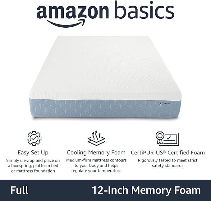 Amazon Basics Cooling Gel Memory Foam Mattress, Medium Firm, CertiPUR-US Certified, Full Size, 75 x 54 x 12 inches, White/Gray