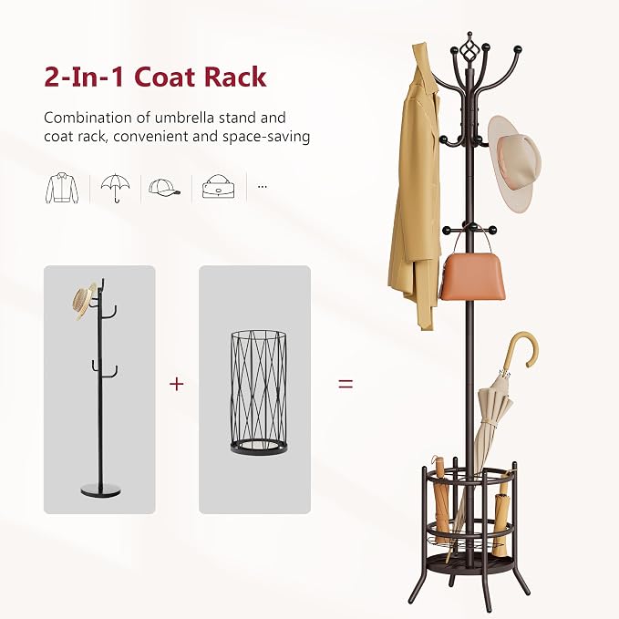 Tajsoon Coat Rack Stand with Umbrella Holder, Coat Tree Freestanding with 16 Hooks, Coat Hangers Stand for Living Room, Bedroom, Office, Brown - Image 4