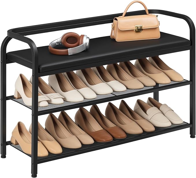 YATINEY Shoe Bench with Backrest, Entryway Bench, 2-Tier Shoe Rack with PU Padded Seat, Upholstered Shoe Storage Bench with Back, for Hallway, Entryway, Foyer, Bedroom, Black HX14BB - Image 9