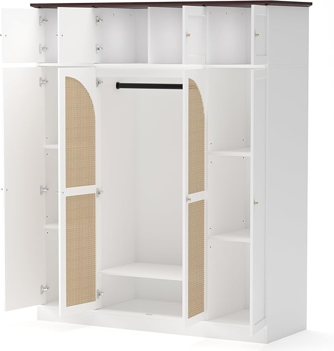 4 Doors Large Armoire Wardrobe Closet with Rattan Doors, 70.87" Tall Freestanding Wooden Closet Wardrobe Cabinet with Hanging Rod and Adjustable Shelves, Clothing Storage Cabinet for Bedroom, White