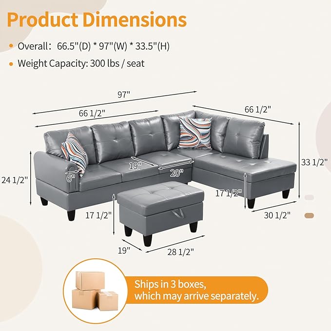 L Shape Sectional Couch, Modern Modular Sofa, 4-Seat L-Shaped Corner Sofá, Convertible Sofa&Couch, Living Room Furniture Sets with Chaise Lounge, Storage Ottoman & 2 Pillows, Faux PU Leather