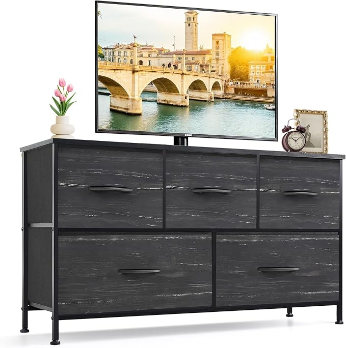 5-Drawer Dresser for Bedroom, Anti-Tip Wide Storage Organizer Fabric Chest of Drawers TV Stand for 45" TV with Wooden Top and Metal Frame for Closet, Living Room, Hallway, Entryway, Charcoal Black by SageNest