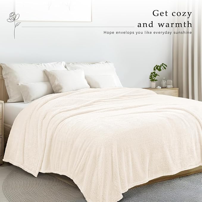 Exclusivo Mezcla King Size Blanket for Bed, Super Soft Velvet Plush Fleece Blankets, Fuzzy Cozy and Warm for Winter, 90x104 Inches, Ivory
