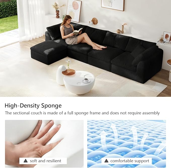 138" Modular Sectional Sofa Boneless Cloud Couch for Living Room, L Shape Deep Seat Recliner Sofa with Ottoman, Adjustable Backrest & 2 Throw Pillows - Covers Washable, (Black, 4 Seater+1 Ottoman)