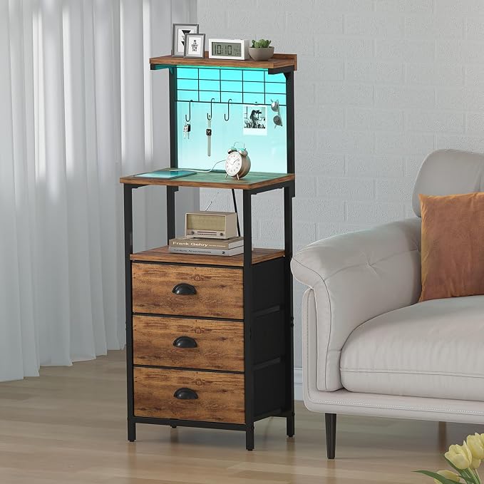 sthmec Tall Nightstands with Charging Station, LED Night Stand Bedsides with 3 Fabric Drawers,Hooks,USB Port and Open Storage Shelves,Tall End Table Bedside Tables for Bedroom,Office, Rustic Brown - Image 2