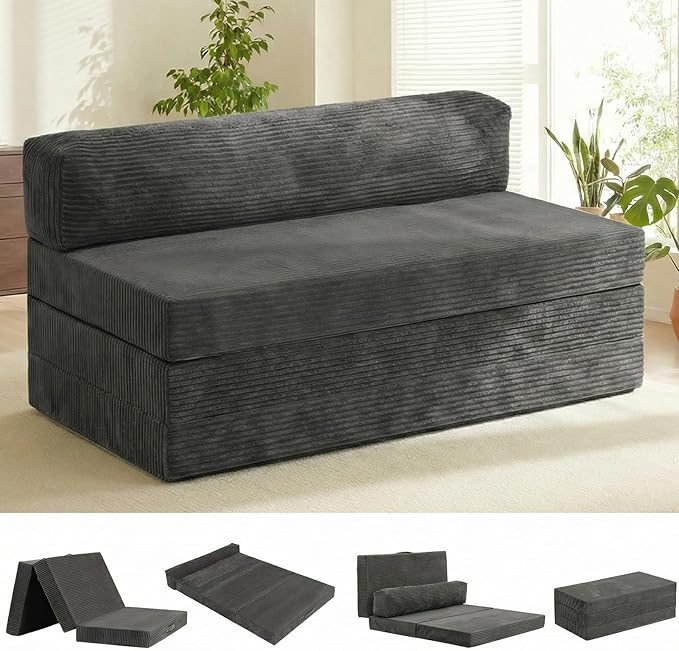 5-in-1 Convertible Sofa Bed, Boneless Loveseat Sleeper, Tri-fold Futon Sofa Bed with Removable Cushions & Washable Cover, Pull Out Couch with Handle, for Small Spaces, Queen Size, Grey