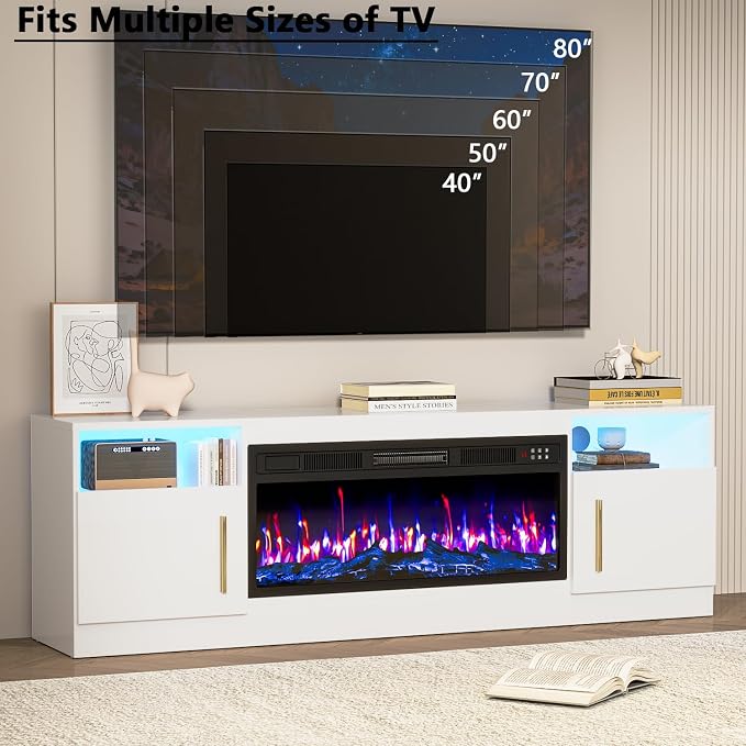PRETZI Fireplace TV Stand with 36" Fireplace Up to 80" TVs, 70" Entertainment Center with LED Lights, Remote Control, TV Media Console with Storage Cabinets for Living Room, White - Image 7