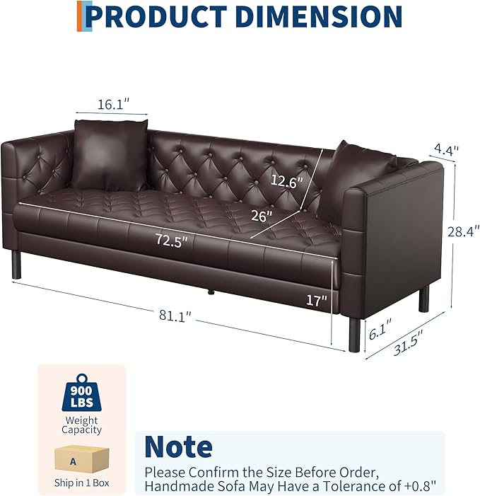 IDEALHOUSE Mid Century Modern Sofa 81 inch, Faux Leather Sofa 3 Seater, Apartment Sofa for Living Room, Chesterfield Tufted Couch with Deep Seats and 2 Pillows, Sectional Style Couch, Dark Brown