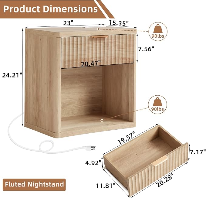 LEYAOYAO Fluted Farmhouse Nightstand Set of 2 with Charging Station, 23" Wide 1 Drawers Night Stand,Natural Dresser for Bedroom,Bed Side Table Chest of Drawers,Wood End Table for Living Room - Image 3