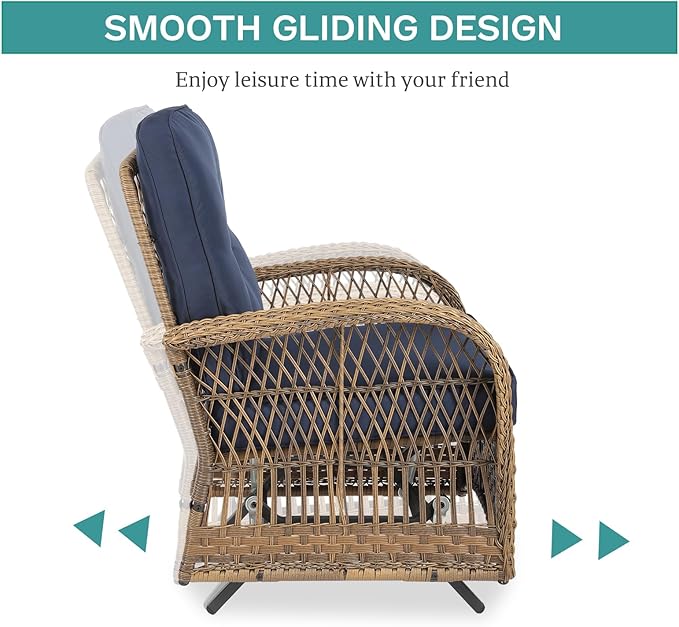 MEETWARM 3 Pieces Outdoor Patio Wicker Rocking Glider Set, Rocking Chairs Rattan Patio Furniture Sets with Glass-Top Coffee Table and Thickened Cushion, Conversation Bistro Set, Navy Blue