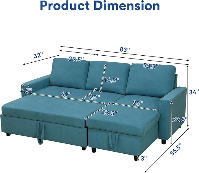 Rovibek 83" Convertible Sofa Bed Couch with Storage - 4 in 1 L Shaped Sofa with Pull Out Couch Bed for Living Room, Apartment, Office, Small Spaces, Cyan