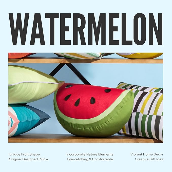 Phantoscope Fruit Outdoor Shaped Pillow Series Watermelon Shaped Waterproof Outdoor Throw Pillow with Leather Decorative, Cushions for Fun Home Decor for Patio, Pool, Red and Green, 9.5 x 18 inches