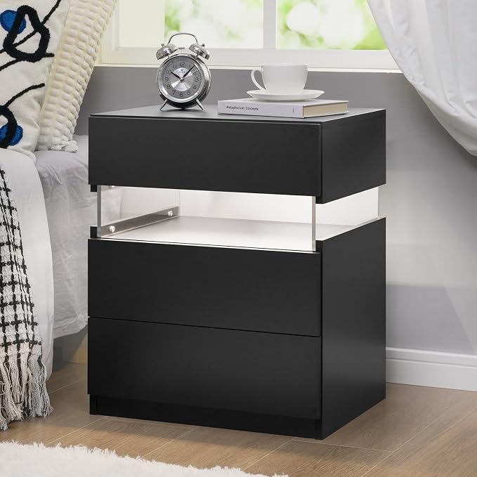Bingoday LED Nightstand 3 Drawers Nightstand with LED Lights Tall Nightstand for Bedroom LED Bedside Tables for Bedroom Living Room by Bingoday
