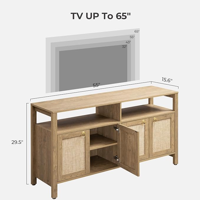 SICOTAS Rattan TV Stand for Television up to 120 Inch - Large Entertainment Center with Storage and Open Shelves, Boho Media TV Console Cabinet with Doors and Adjustable Shelf for Living Room - Image 6