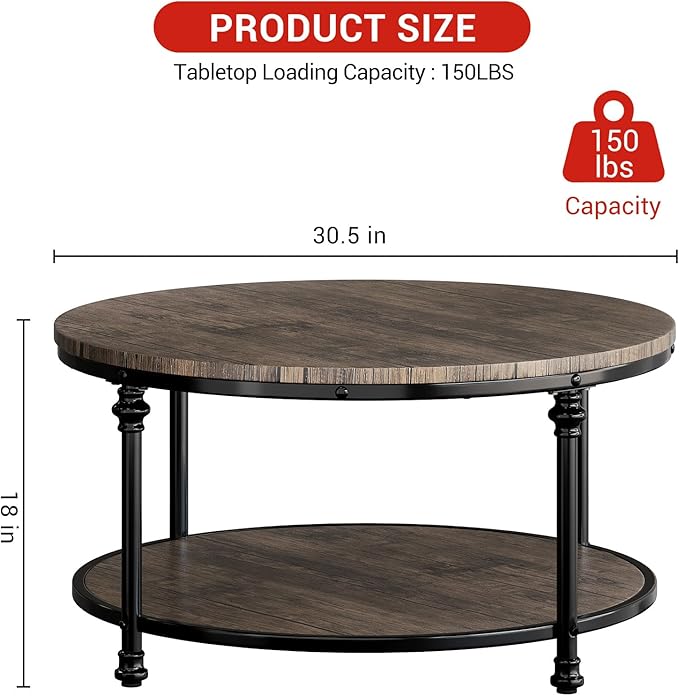 Garvee Round Coffee Table, 2 Tier Center Table with Storage for Living Room, 30.5 x 18 in, Wood Center Table for Living Room, Apartment, Easy to Assemble