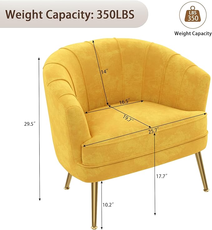 Andeworld Velvet Accent Chair Set of 2, Upholstered Modern Single Sofa Side Chair,Comfy Barrel Club Living Room Armchair with Golden Metal Legs for Bedroom Living Reading Room Office, Yellow
