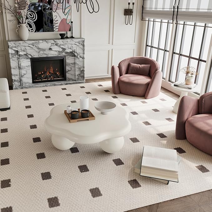 35.03" Cloud Coffee Table for Living Room Unique Coffee Table Modern Low Coffee Tables Cute Center Table with 3 Ball Legs for Small Space Apartment Cream Flower-White