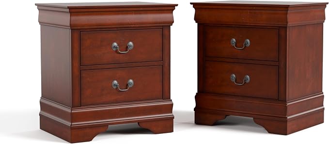 Furniture of America Arabella Traditional Solid Wood Nightstands Set of 2, Bedside Table with Drawers and Antique Nickle Handles, No Assembly Wooden Night Stands for Bedrooms, Guest Room, Dorm, Cherry by FurnitureofAmerica