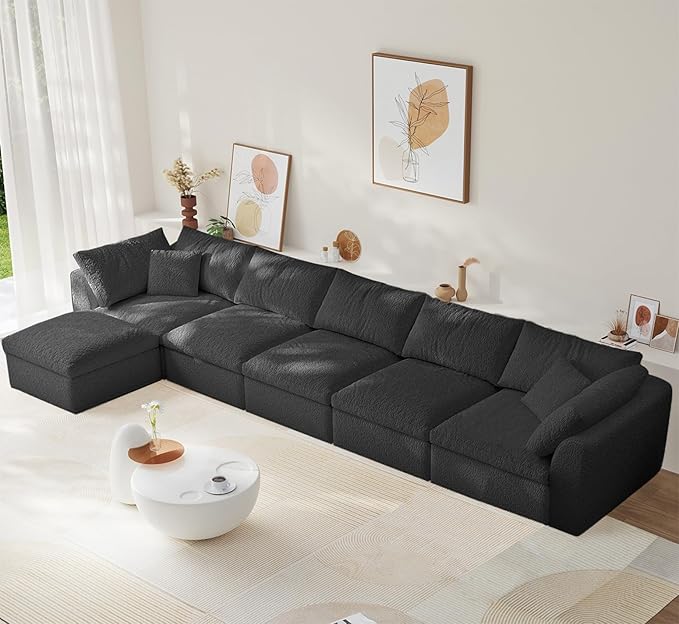 Modular Sectional Sofa Boneless Cloud Couch for Living Room, L Shape Deep Seat Recliner Sofa with Ottoman, Adjustable Backrest & 2 Throw Pillows - Covers Washable, (Black, 5 Seater+1 Ottoman)
