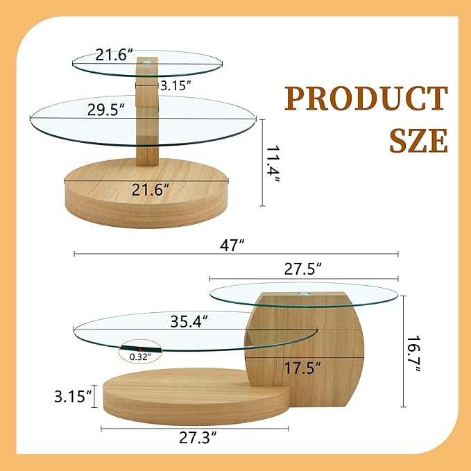 Ebullient Glass Coffee Table, 47" Oval Coffee Table, 2-Tier Glass Tabletop with Light Wood Base, Easy to Maintain and Assemble, Ideal for Dining Room, Living Room