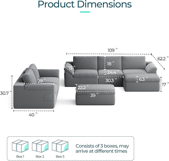 LINSY HOME Modern Boneless Cloud Couch Set with Movable Ottomans, Deep Seat Corduroy Secional Sofa Couch Sets for Living Room, Apartment, Office, No Assembly Required, Grey