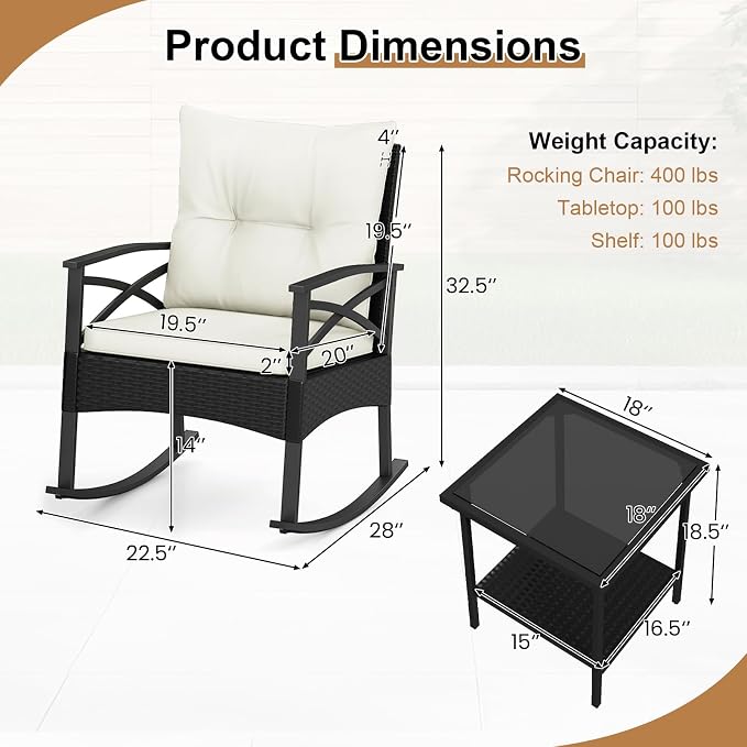 Tangkula 3 Pieces Outdoor Rocking Chairs Set, Rattan Heavy Duty Cushioned Rocker Chairs with 2-Tier Tempered Glass Coffee Table, for Garden, Balcony, Backyard (Black+Beige) - Image 6
