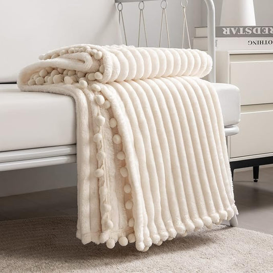 DISSA Fleece Blanket Queen Size – 71x80, Beige - Soft, Plush, Fluffy, Fuzzy, Warm, Cozy – Perfect Throw for Couch, Bed, Sofa - with Pompom Fringe - Flannel Blanket