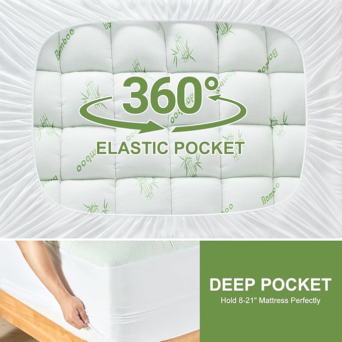 Queen Size Mattress Topper Viscose Derived from Bamboo, Soft Thick Pillow Top Mattress Pad Cover for Back Pain, Cooling Mattress Protector with 8-21 Inch Deep Pocket, White