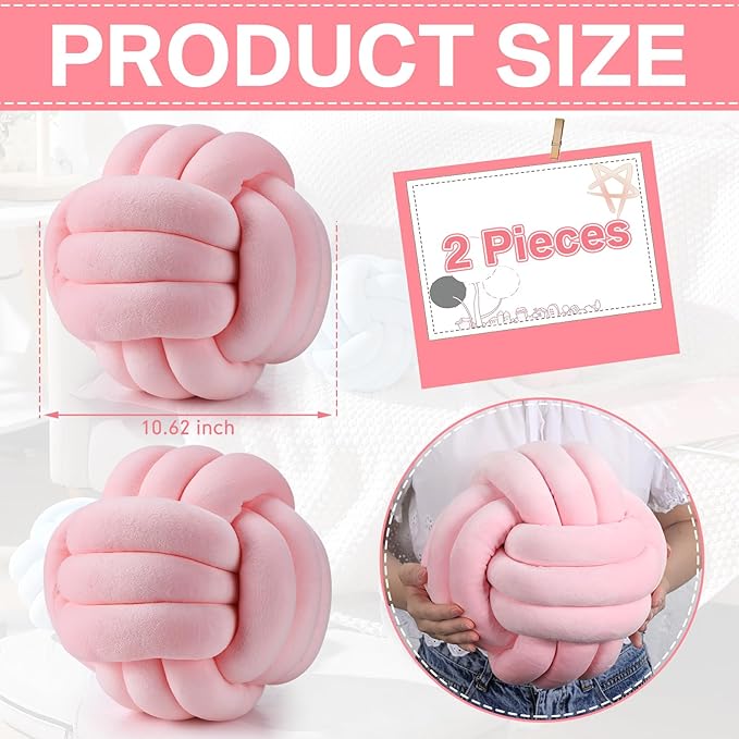 Namalu 2 Pcs Soft Knot Pillow Ball, Decorative Round Throw, Soft Knotted Plush Pillows, Handmade Stuffed Ball Pillows Cushion for Bedroom Sofa Couch Home Decor(10.6 Inches,Light Pink)