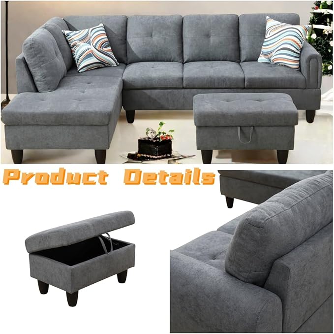 FONTOI L Shaped Sectional Couch with Otttoman, 97" Sectional Sofa for Living Room Flannel Modular Couches with Cup Holders for Bedroom, Apartments, Grey