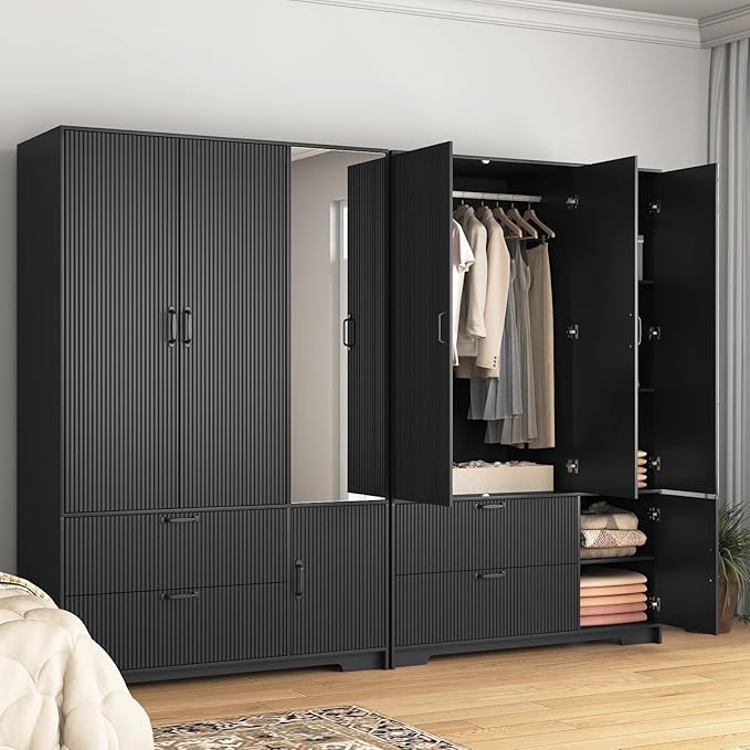 72'' Fluted Armoire Wardrobe Closet with Mirror Door and 2 Drawers,Tall Bedroom Armoire Wardrobe Cabinet with Hanging Rod,Wooden Bedroom Closet with 4 Adjustable Shelves (Black)