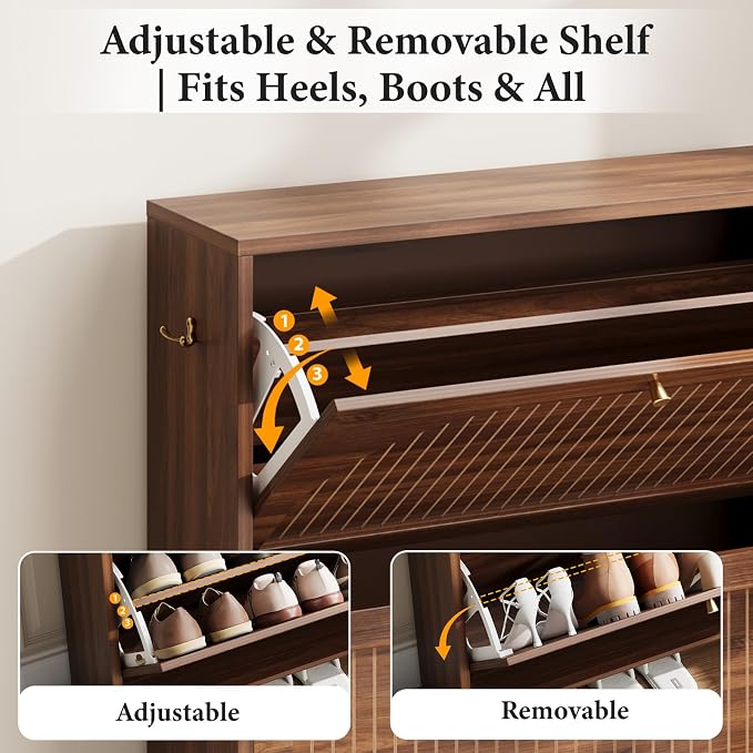 Nicetree Arch-Chic Shoe Cabinet for Entryway, Modern Mid-Century Shoe Storage Cabinet with Fluted, Narrow Shoe Rack with Adjustable Shelves & Tipping Protection, Fits Size 12 Shoes,Luminous Walnut - Image 4