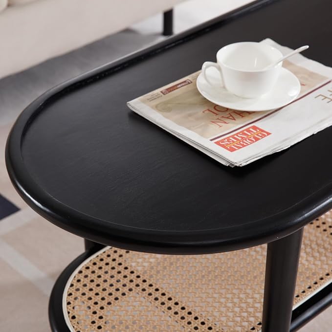 Black Rattan Coffee Table, 39.5" Oval Center Table with Storage Shelf, Modern 2-Tier Wood Side Table for Bedroom Small Space