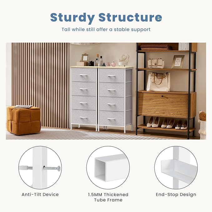 DUMOS Nightstand with 4 Drawers Bedside Table with Removable Fabric Bins Sturdy Steel Frame Wood Top Organizer Furniture for Bedroom Closet Living Room,Light Gray - Image 7